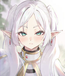 Rule 34 | 1girl, capelet, closed mouth, earrings, elf, frieren, frown, green eyes, hair over shoulder, highres, jewelry, long hair, looking at viewer, origonz, parted bangs, pointy ears, solo, sousou no frieren, twintails, white capelet, white hair