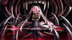 Rule 34 | 1girl, arm under breasts, bare arms, bare shoulders, black dress, black ribbon, breast hold, breasts, closed mouth, collarbone, commentary request, dress, fangs, hair ribbon, hand up, highres, kurotobi rarumu, long hair, looking at viewer, medium breasts, original, pink hair, red eyes, ribbon, sidelocks, solo, standing, strapless, strapless dress, twintails, very long hair