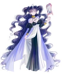 Rule 34 | 1girl, absurdly long hair, bad id, bad pixiv id, bishoujo senshi sailor moon, blue eyes, blue hair, breasts, cape, cleavage, detached sleeves, double bun, earrings, full body, jewelry, long hair, matching hair/eyes, mirror, nail polish, nehelenia (sailor moon), pambabam, pointy ears, puffy sleeves, red nails, solo, standing, twintails, very long hair
