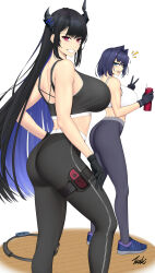 Rule 34 | 2girls, ass, black gloves, black hair, black horns, black pants, black sports bra, blue eyes, blue hair, bottle, breasts, from side, gloves, grey pants, grin, hair intakes, highres, holding, holding bottle, hololive, hololive english, holster, horns, huge breasts, joy-con, long hair, looking at viewer, mole, mole under eye, multiple girls, nerissa ravencroft, notice lines, ouro kronii, pants, red eyes, ring fit adventure, ryu seung, shoes, short hair, smile, sneakers, sports bra, thigh holster, v, very long hair, virtual youtuber, white sports bra, yoga pants