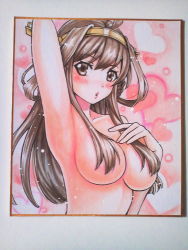 Rule 34 | 10s, 1girl, :o, ahoge, armpits, blush, breasts, brown eyes, brown hair, collarbone, convenient censoring, double bun, eyebrows, hair censor, hair over breasts, hand on own chest, headgear, heart, highres, kantai collection, kongou (kancolle), large breasts, lips, long hair, looking at viewer, nude, paper, parted lips, photo (medium), pink background, shikishi, simple background, solo, traditional media, upper body, uramachi (hukahuka futon), very long hair
