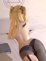 Rule 34 | 1girl, arched back, ass, asymmetrical legwear, back, back tattoo, black pantyhose, black ribbon, black thighhighs, book, butt crack, commentary, fischl (genshin impact), from behind, garter straps, genshin impact, hair ribbon, highres, indoors, korean commentary, long hair, lying, midfinger, on bed, on stomach, pantyhose, pillow, ribbon, solo, tattoo, thighhighs, thighs, topless, two side up, wing tattoo