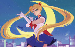 Rule 34 | 1girl, back bow, bishoujo senshi sailor moon, blonde hair, blue eyes, blue sailor collar, blue skirt, bow, bowtie, brooch, choker, cityscape, cowboy shot, crescent choker, crescent moon, double bun, elbow gloves, gloves, hair bun, jewelry, long hair, looking at viewer, luna (sailor moon), moon, night, night sky, parted bangs, parted lips, pleated skirt, red bow, red bowtie, red choker, sailor collar, sailor senshi uniform, shirt, skirt, sky, smile, star (sky), starry sky, tiara, twintails, twitter username, vanekairi, very long hair, white gloves, white shirt