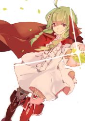 Rule 34 | 1girl, ahoge, alternate eye color, blunt bangs, boots, braid, cape, dragon girl, dress, dutch angle, fire emblem, fire emblem awakening, foreshortening, frills, garter straps, green hair, heart, looking at viewer, nah (fire emblem), nintendo, outstretched arm, pararade, pink thighhighs, pointy ears, purple eyes, red eyes, simple background, sketch, smile, solo, sparkle, stone, thigh boots, thighhighs, twin braids, white background, wind, zettai ryouiki