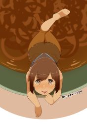 Rule 34 | 10s, 1girl, barefoot, blue one-piece swimsuit, brown eyes, brown hair, capriccyo, finger to mouth, food, from above, full body, highres, i-401 (kancolle), in food, kantai collection, looking at viewer, looking up, matching hair/eyes, noodles, one-piece swimsuit, ramen, school swimsuit, short hair, smile, solo, soup, swimsuit, twitter username