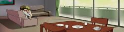 Rule 34 | 1boy, 1girl, absurdres, brown hair, closed eyes, couch, dishes, futago no haha seihonnou, glass, green hair, highres, kimishima yuuko, kiss, mature female, short hair, sitting, stitched, table, tank top, third-party edit