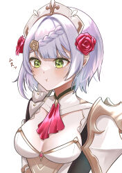Rule 34 | 1girl, absurdres, armor, ascot, blush, braid, breasts, cleavage, commentary request, flower, front braid, genshin impact, green eyes, grey hair, hair flower, hair ornament, highres, maid, maid headdress, medium breasts, noelle (genshin impact), pauldrons, pout, red ascot, red flower, red rose, rose, shield hair ornament, short hair, shoulder armor, simple background, single pauldron, solo, tsuchinoko (vjde8458), upper body, white background