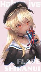 Rule 34 | 1girl, beret, blonde hair, blush, box, box of chocolates, breasts, chocolate, dark-skinned female, dark elf, dark skin, elf, gift, gift box, hair down, hat, highres, holding, holding gift, hololive, hololive fantasy, long hair, multicolored hair, nemumi no sora, pointy ears, red eyes, shiranui flare, shiranui flare (street), solo, streaked hair, valentine, virtual youtuber