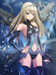Rule 34 | 1girl, animal ears, armor, black thighhighs, blonde hair, bodysuit, breasts, chaki-yam, clothing cutout, fake animal ears, green eyes, halterneck, hand on own hip, headband, highres, leotard, light particles, mechanical wings, navel cutout, original, rabbit ears, small breasts, solo, thighhighs, wings