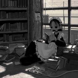 Rule 34 | 1girl, apron, barefoot, black choker, book, choker, cigarette, frilled apron, frills, greyscale, hands up, highres, holding, holding book, long sleeves, maid, maid apron, maid headdress, monochrome, narue, original, reading, short hair, sitting, smoking, solo, white apron