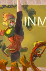 Rule 34 | 1girl, absurdres, arms (game), artist name, beanie, black leggings, blonde hair, breasts, domino mask, dragon, dragon (arms), from side, green eyes, green shirt, hat, high kick, highres, kicking, knit hat, leg up, leggings, mask, medium breasts, min min (arms), nintendo, samu (7643109), shirt, solo, super smash bros., thighs, yellow background