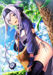 Rule 34 | 10s, 1girl, :d, ainu, ainu clothes, blue eyes, blue headband, blue jacket, chain, cropped jacket, folded ponytail, hair between eyes, headband, jacket, kamoi (kancolle), kantai collection, leaf, long hair, long sleeves, open mouth, smile, solo, tree, unowen, white hair
