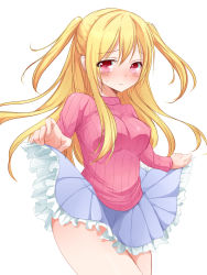 Rule 34 | 1girl, bad id, bad pixiv id, blonde hair, blue skirt, blush, breasts, clothes lift, frilled skirt, frills, highres, long hair, original, pink sweater, red eyes, ribbed sweater, shiratama azuki, skirt, skirt lift, solo, sweatdrop, sweater, two side up