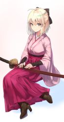 Rule 34 | 1girl, a.t. zero, ahoge, boots, brown eyes, fate (series), hair ribbon, high heels, highres, japanese clothes, katana, kimono, koha-ace, looking at viewer, okita souji (fate), okita souji (koha-ace), pink hair, ribbon, sheath, sheathed, smile, solo, sword, weapon