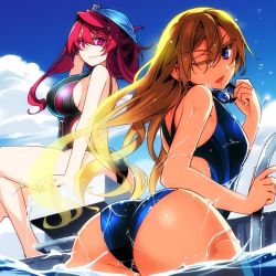 Rule 34 | 10s, 2girls, ass, blonde hair, blue eyes, blue sky, blue one-piece swimsuit, breasts, cloud, commentary request, competition swimsuit, day, goggles, goggles around neck, unworn goggles, hair down, half updo, ishida akira, large breasts, long hair, looking at viewer, looking back, maou (maoyuu), maoyuu maou yuusha, multiple girls, official art, one-piece swimsuit, one eye closed, onna kishi (maoyuu), pale skin, partially submerged, pool, pool ladder, promotional art, red eyes, red hair, sideboob, sky, smile, swim cap, swimsuit, tan, wet