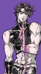 Rule 34 | 1boy, abs, amputee, bare shoulders, battle tendency, blue eyes, grimace, highres, jojo no kimyou na bouken, joseph joestar, joseph joestar (young), male focus, messy hair, midriff, missing limb, mouth hold, muscular, muscular male, red eyes, ribbon, sleeveless, sleeveless turtleneck, solo, spiked hair, triangle print, turtleneck, xing xiao