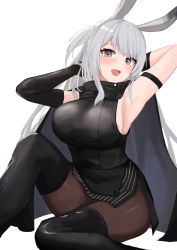 Rule 34 | 1girl, animal ears, arknights, arm strap, armpits, arms up, bad id, bad twitter id, boots, cape, gloves, grey eyes, grey hair, highres, izumi roka, long hair, miniskirt, pantyhose, rabbit ears, savage (arknights), side slit, single glove, sitting, skirt, thigh boots, two side up, white background