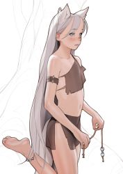 Rule 34 | 1girl, absurdres, animal ears, bad id, bad pixiv id, barefoot, blue eyes, blush, closed mouth, commentary, commission, english commentary, flat chest, grey hair, highres, holding, loincloth, long hair, looking at viewer, luimiart, midriff, navel, original, pelvic curtain, pixiv commission, rags, simple background, soles, solo, standing, standing on one leg, very long hair, white background, wolf ears