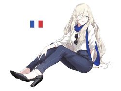 Rule 34 | 1girl, arm support, bad id, bad twitter id, black footwear, blonde hair, blue eyes, blue scarf, breasts, denim, french flag, full body, hair between eyes, hand on own leg, high heels, jeans, kantai collection, lips, long hair, looking at viewer, medium breasts, mole, mole under eye, morinaga miki, nail polish, pants, red nails, richelieu (kancolle), scarf, shirt, shoes, simple background, sitting, smile, solo, sunglasses, white background, white shirt