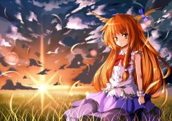 Rule 34 | 1girl, atami, bad id, bad pixiv id, blouse, blue skirt, bow, bowtie, brown eyes, brown hair, chain, cloud, cloudy sky, field, grass, hair bow, hair ornament, horns, ibuki suika, layered skirt, light rays, long hair, looking at viewer, morning, red bow, red bowtie, shirt, skirt, sky, solo, standing, sunburst, sunlight, sunrise, sunset, torn clothes, torn sleeves, touhou, white shirt, wrist cuffs