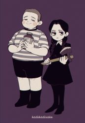Rule 34 | :&gt;, addams family, axe, black dress, black footwear, black hair, black shorts, blush, boots, braid, braided ponytail, brother and sister, brown hair, collar, dress, eyeshadow, half-closed eyes, highres, ka ji, long hair, makeup, pantyhose, poison, pugsley addams, purple background, shirt, short hair, shorts, siblings, smile, striped clothes, striped shirt, twintails, wednesday addams, white collar