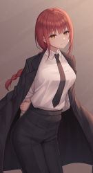 Rule 34 | 1girl, bad id, bad twitter id, black necktie, black pants, braid, braided ponytail, brown background, chainsaw man, closed mouth, commentary, formal, gradient background, highres, long hair, looking at viewer, makima (chainsaw man), necktie, pants, red hair, seungju lee, shirt, smile, solo, standing, suit, white shirt, yellow eyes
