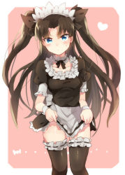 Rule 34 | 1girl, black thighhighs, blue eyes, brown hair, clothes lift, fate/stay night, fate (series), frilled thighhighs, frills, hair ribbon, maid, official alternate costume, ribbon, skirt, skirt lift, solo, suurin (ksyaro), thighhighs, tohsaka rin, two side up