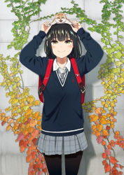 Rule 34 | 1girl, animal, animal on head, arms up, backpack, bag, black hair, black pantyhose, black sweater, blue eyes, blush, brick wall, cat, cat on head, closed mouth, collared shirt, commentary request, cowboy shot, dress shirt, grey necktie, grey skirt, long sleeves, mattaku mousuke, necktie, on head, original, pantyhose, pleated skirt, school uniform, shirt, skirt, sleeves past wrists, smile, solo, sweater, white shirt, yellow eyes