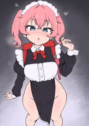 Rule 34 | 1girl, backpack, bag, blue eyes, crime prevention buzzer, highres, looking at viewer, maid, open mouth, original, pink hair, randoseru, short hair, solo, thick thighs, thighs, whomperfruit