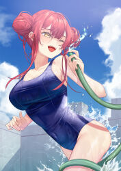 Rule 34 | 1girl, arenoyoni, bare shoulders, heterochromia, highres, hololive, houshou marine, open mouth, red hair, solo, swimsuit, virtual youtuber, water, yellow eyes