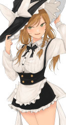 Rule 34 | 1girl, :d, apron, black hat, black ribbon, black skirt, blonde hair, bow, braid, buttons, cowboy shot, double-breasted, green eyes, hands on headwear, hat, hat bow, high-waist skirt, highres, kirisame marisa, long hair, long sleeves, looking at viewer, neck ribbon, necro (nekurodayo), open mouth, ribbon, side braid, simple background, skirt, smile, solo, suspender skirt, suspenders, touhou, waist apron, white apron, white background, white bow