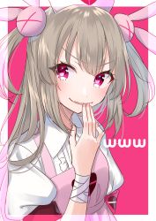 Rule 34 | 1girl, apron, armband, brown hair, collared shirt, eyelashes, fang, fingernails, hair ornament, hand up, haruyuki 14, hat, heart, highres, long hair, looking at viewer, natori sana, nurse cap, parted lips, puffy short sleeves, puffy sleeves, purple apron, rabbit hair ornament, red eyes, sana channel, shirt, short sleeves, smile, smirk, solo, transparent, two-tone background, two side up, upper body, v-shaped eyebrows, virtual youtuber, white shirt