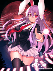 Rule 34 | 1girl, afterimage, animal ears, black background, black jacket, black thighhighs, blazer, breasts, chinese commentary, commentary request, cowboy shot, crescent, crescent pin, danmaku, full moon, hair between eyes, jacket, koissa, long hair, long sleeves, looking at viewer, medium breasts, miniskirt, moon, necktie, partial commentary, pink skirt, pleated skirt, pointing, purple hair, rabbit ears, red eyes, red moon, red necktie, reisen udongein inaba, shirt, sidelocks, skirt, solo, thighhighs, thighs, touhou, translation request, very long hair, white shirt, zettai ryouiki