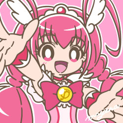 Rule 34 | 1girl, :d, antenna hair, artist name, blush, bow, bright pupils, choker, cure happy, fake head wings, frills, hair ornament, highres, hoshizora miyuki, long hair, looking at viewer, magical girl, mayena, open mouth, outline, outstretched arms, pink background, pink bow, pink choker, pink eyes, pink hair, precure, ribbon, signature, simple background, smile, smile precure!, solo, tiara, twintails, upper body, white outline, white pupils, wings, wrist cuffs