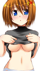 Rule 34 | 00s, 1girl, blue eyes, breasts, clothes lift, hair ornament, lifting own clothes, long sleeves, looking at viewer, lyrical nanoha, mahou shoujo lyrical nanoha, mahou shoujo lyrical nanoha strikers, navel, short hair, simple background, solo, stomach, sweater, sweater lift, underboob, white background, x hair ornament, yagami hayate