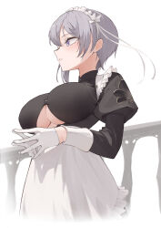 Rule 34 | 1girl, 200f (nifu), absurdres, alternate costume, apron, azur lane, bellona (armed to clean) (azur lane), bellona (azur lane), blush, breasts, clothing cutout, commission, cropped legs, enmaided, frilled apron, frills, from side, gloves, highres, juliet sleeves, large breasts, long sleeves, maid, maid headdress, official alternate costume, parted lips, pixiv commission, puffy sleeves, purple eyes, purple hair, short hair, simple background, solo, steepled fingers, underboob, underboob cutout, white apron, white gloves