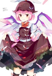 Rule 34 | 1girl, 2015, amano kenpi, animal ears, bird wings, black thighhighs, blush, brown dress, clothes lift, dated, dress, hat, juliet sleeves, long sleeves, mystia lorelei, pink hair, pout, puffy sleeves, red eyes, shirt, skirt, skirt lift, solo, thighhighs, touhou, triangle mouth, wings, zettai ryouiki