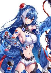 Rule 34 | 1girl, armored boots, armpits, badge, bare shoulders, belt, black panties, blue gloves, blue hair, blue jacket, boots, breasts, cleavage, close-up, cowboy shot, crop top, gloves, groin, hair bun, heirou, highres, holding, jacket, large breasts, long hair, long sleeves, looking at viewer, midriff, multicolored hair, navel, off shoulder, open clothes, open fly, open jacket, original, outstretched arm, panties, pepsi, pepsi japan cola challenge (meme), red eyes, shirt, short shorts, shorts, shoulder tattoo, side bun, simple background, single hair bun, single side bun, sleeveless, sleeveless shirt, sleeveless turtleneck, smile, soda, soda bottle, solo, stomach, strap, sword, tattoo, thighhighs, thighs, turtleneck, two-tone hair, underwear, v-shaped eyebrows, weapon, white background, white shirt, white shorts