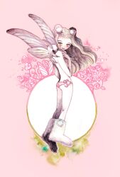 Rule 34 | 1girl, absurdres, ass, blush, boots, bug, circle, full body, grey hair, hand up, highres, insect, leaf, long hair, moth, original, oversized insect, panties, pink background, pink panties, smile, solo, standing, topless, underwear, white footwear, wings, yellow eyes, yuuinami