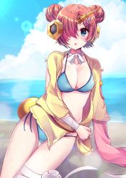 Rule 34 | 1girl, :o, arm support, asymmetrical sleeves, bad id, bad pixiv id, bandaged arm, bandaged leg, bandages, beach, bikini, blue bikini, blue eyes, blue sky, blush, breasts, cleavage, cloud, cloudy sky, collarbone, commentary request, day, double bun, fate/grand order, fate (series), flower, frankenstein&#039;s monster (fate), frankenstein&#039;s monster (swimsuit saber) (fate), frankenstein&#039;s monster (swimsuit saber) (first ascension) (fate), hair bun, hair ornament, hair over one eye, highres, horizon, jacket, looking at viewer, medium breasts, minami saki, ocean, open clothes, open jacket, outdoors, parted lips, red hair, rose, sand, side-tie bikini bottom, side bun, sky, sleeves past fingers, sleeves past wrists, solo, swimsuit, uneven sleeves, water, white flower, white rose, yellow jacket