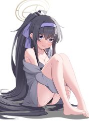 Rule 34 | 1girl, absurdres, bags under eyes, barefoot, bikini, black bikini, black hair, blue archive, blush, breasts, cleavage, collarbone, commentary request, crossed bangs, full body, grey jacket, hair between eyes, hair ribbon, hairband, halo, highres, jacket, knees up, long hair, long sleeves, looking at viewer, medium breasts, off shoulder, official alternate costume, olecafe2, open mouth, partial commentary, ponytail, purple eyes, purple hairband, purple ribbon, ribbon, simple background, single bare shoulder, sitting, solo, swimsuit, toes, ui (blue archive), ui (swimsuit) (blue archive), very long hair, white background, yellow halo