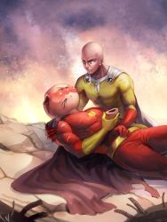 Rule 34 | 2boys, absurdres, anpanman, anpanman (character), artist request, bad id, bad twitter id, bald, blush, bread, cape, crossover, dying, food, highres, male focus, multiple boys, name connection, one-punch man, saitama (one-punch man), superhero costume