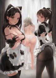 Rule 34 | 3girls, absurdres, animal ears, apron, ass, black bra, black hair, black legwear, blue eyes, bra, breasts, brown eyes, choker, chowbie, cleavage, commentary, curtains, dated commentary, detached sleeves, dressing, english commentary, facing away, frills, gloves, hair ribbon, high ponytail, highres, large breasts, long hair, looking at viewer, lying, maid, maid apron, mole, mole on breast, multiple girls, original, panties, pantyhose, ponytail, ribbon, standing, thighhighs, underwear, white gloves, white hair, white legwear, white panties