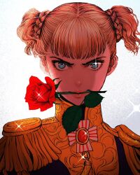 Rule 34 | 1girl, aiguillette, berserk, blonde hair, blue eyes, braid, brooch, commentary, cosplay, english commentary, farnese (berserk), flower in mouth, glint, grey background, highres, jewelry, lips, looking at viewer, mouth hold, nisino2222, oscar francois de jarjayes, oscar francois de jarjayes (cosplay), portrait, short hair, smile, solo, sparkle, twintails, versailles no bara