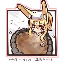 Rule 34 | 1girl, animal ears, blonde hair, blush, chibi, closed mouth, collarbone, dated, fox ears, fox girl, fox tail, hair between eyes, long hair, looking at viewer, looking up, nose blush, nude, onsen, original, partially submerged, red eyes, rock, sidelocks, smile, snowing, solo, tail, towel, towel on head, translation request, water, yuuji (yukimimi)