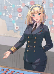 Rule 34 | 1girl, alternate costume, artist name, black necktie, blonde hair, blue eyes, blue jacket, blue pants, breasts, buttons, collared shirt, dated, double-breasted, gloves, headgear, highres, himeyamato, jacket, kantai collection, long sleeves, map, medium breasts, military uniform, naval uniform, necktie, pants, rodney (kancolle), shirt, short hair, sitting, solo, standing, uniform, white gloves, white shirt