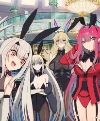 Rule 34 | 4girls, :d, absurdres, animal ears, baobhan sith (fate), bare shoulders, barghest (fate), black bow, black leotard, black pantyhose, blonde hair, blue eyes, blush, bow, breasts, casino, cleavage, detached sleeves, earrings, fake animal ears, fang, fate/grand order, fate (series), fur trim, green eyes, grey eyes, hair ribbon, hand on own head, hand up, heterochromia, highres, indoors, jewelry, large breasts, leotard, long hair, longdq3008, looking at viewer, medium breasts, melusine (fate), morgan le fay (fate), multiple girls, open mouth, pantyhose, pink hair, playboy bunny, pointy ears, ponytail, rabbit ears, red eyes, red leotard, ribbon, sidelocks, smile, twintails, white hair, yellow eyes