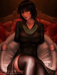 Rule 34 | 1girl, black dress, black hair, breasts, dress, fubuki (one-punch man), green eyes, highres, jewelry, large breasts, necklace, one-punch man, short hair, sitting, smile, solo, thighhighs