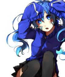 Rule 34 | 1girl, :o, black thighhighs, blue eyes, blue hair, blush, collared jacket, ene (kagerou project), headphones, jacket, kagerou project, kk (17970282), long hair, looking at viewer, matching hair/eyes, pleated skirt, skirt, sleeves past wrists, solo, thighhighs, track jacket, twintails, white background