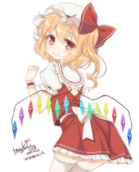 Rule 34 | 1girl, artist name, ass, blonde hair, bow, commentary request, dated, flandre scarlet, frills, from behind, haruki (colorful macaron), hat, hat bow, highres, looking at viewer, looking back, midriff peek, mob cap, petticoat, puffy short sleeves, puffy sleeves, red bow, red eyes, red shirt, red skirt, shirt, short sleeves, side ponytail, signature, simple background, skirt, smile, solo, thighhighs, thighs, touhou, translation request, white background, white bow, white thighhighs, wings, wrist cuffs, zettai ryouiki